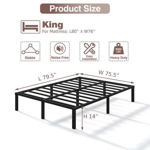 NULS 14 inch King Bed Frame, Heavy Duty Metal Platform, No Box Spring Needed, Easy Assembly, Noise Free, Black