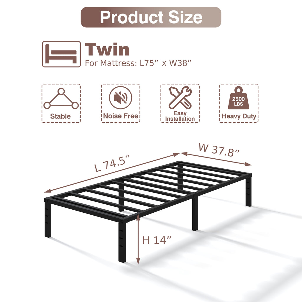 NULS 14 inch Twin Bed Frame, Heavy Duty Metal Platform, No Box Spring Needed, Easy Assembly, Noise Free, Black