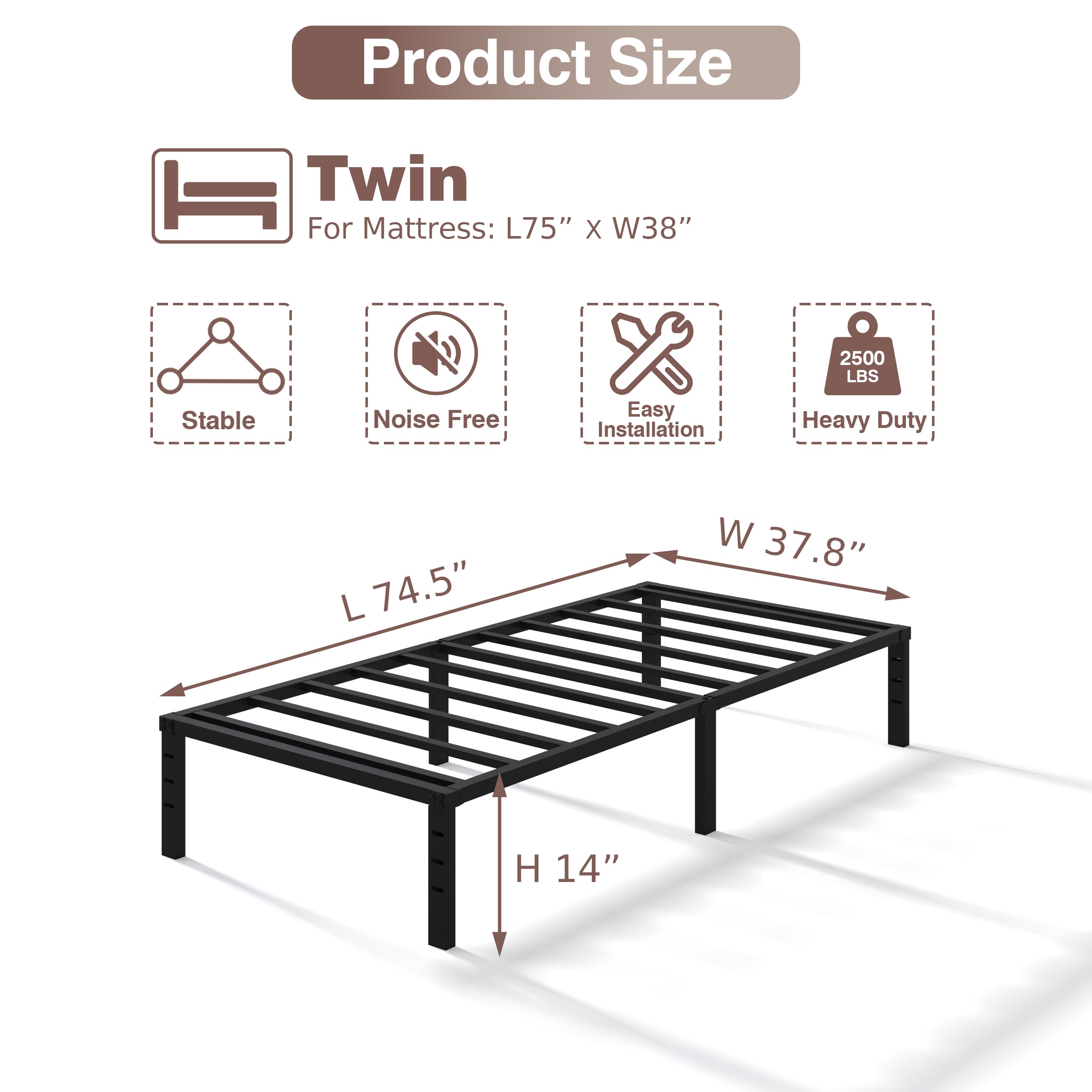 NULS 14 inch Twin Bed Frame, Heavy Duty Metal Platform, No Box Spring Needed, Easy Assembly, Noise Free, Black