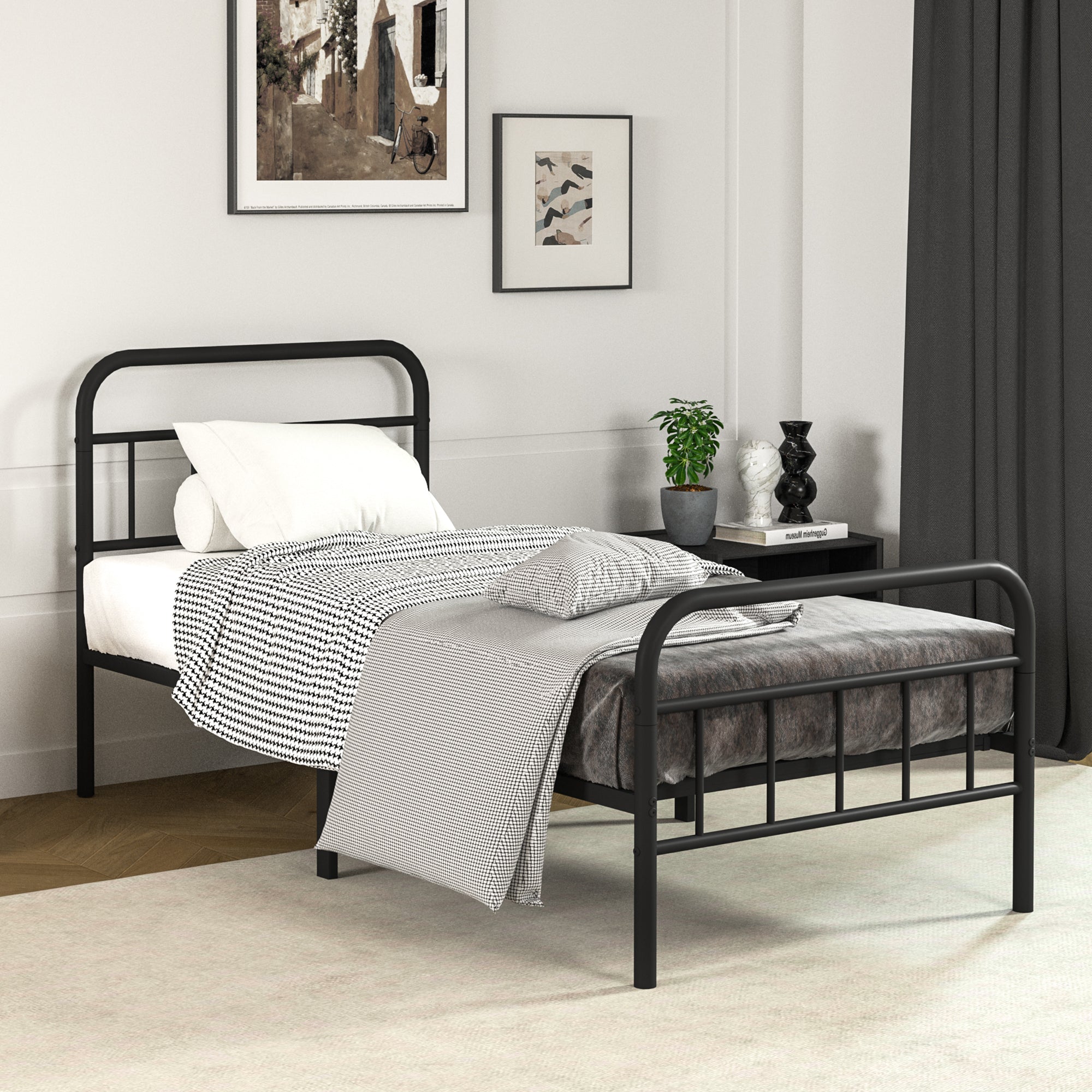 NULS Twin Size Platform Bed Frame with Metal Headboard, Easy Assembly, No Box Spring Needed, Black