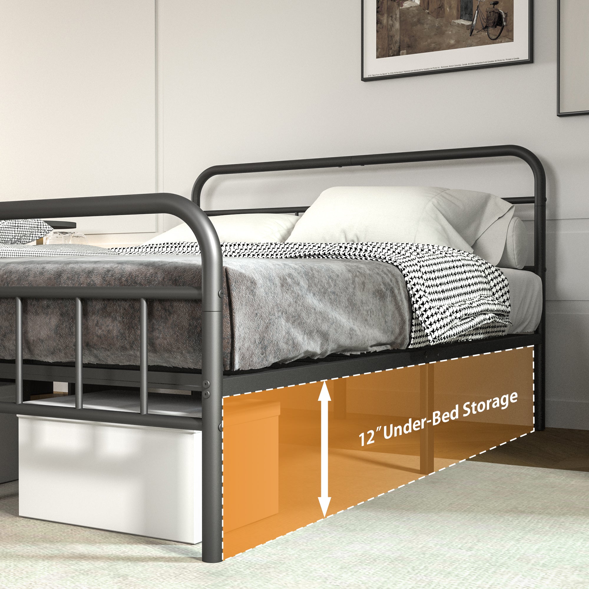 NULS Queen Size Platform Bed Frame with Metal Headboard, Easy Assembly, No Box Spring Needed, Black