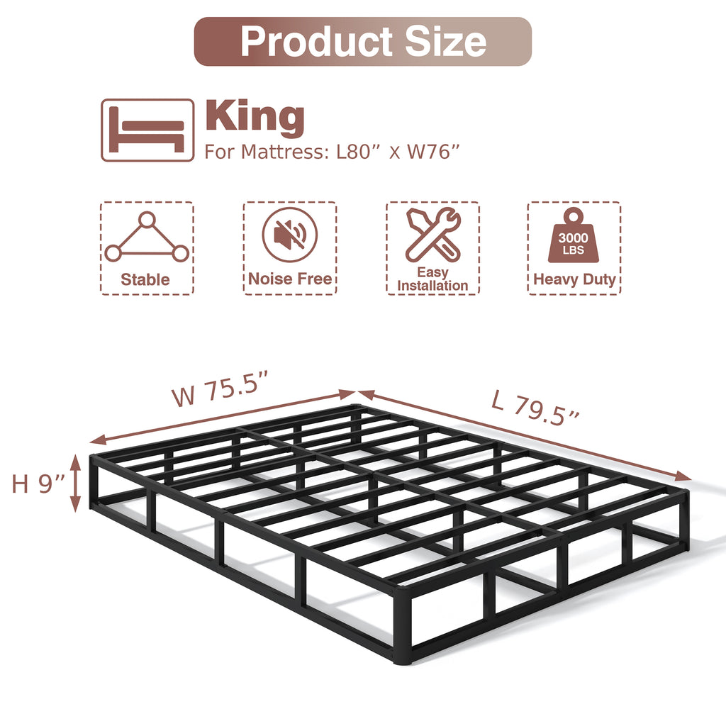 NULS Box Springs King Size 9 Inch, Heavy Duty Metal Frame Mattress Foundation with Easy Clean Cover, Noise Free, Easy Assembly