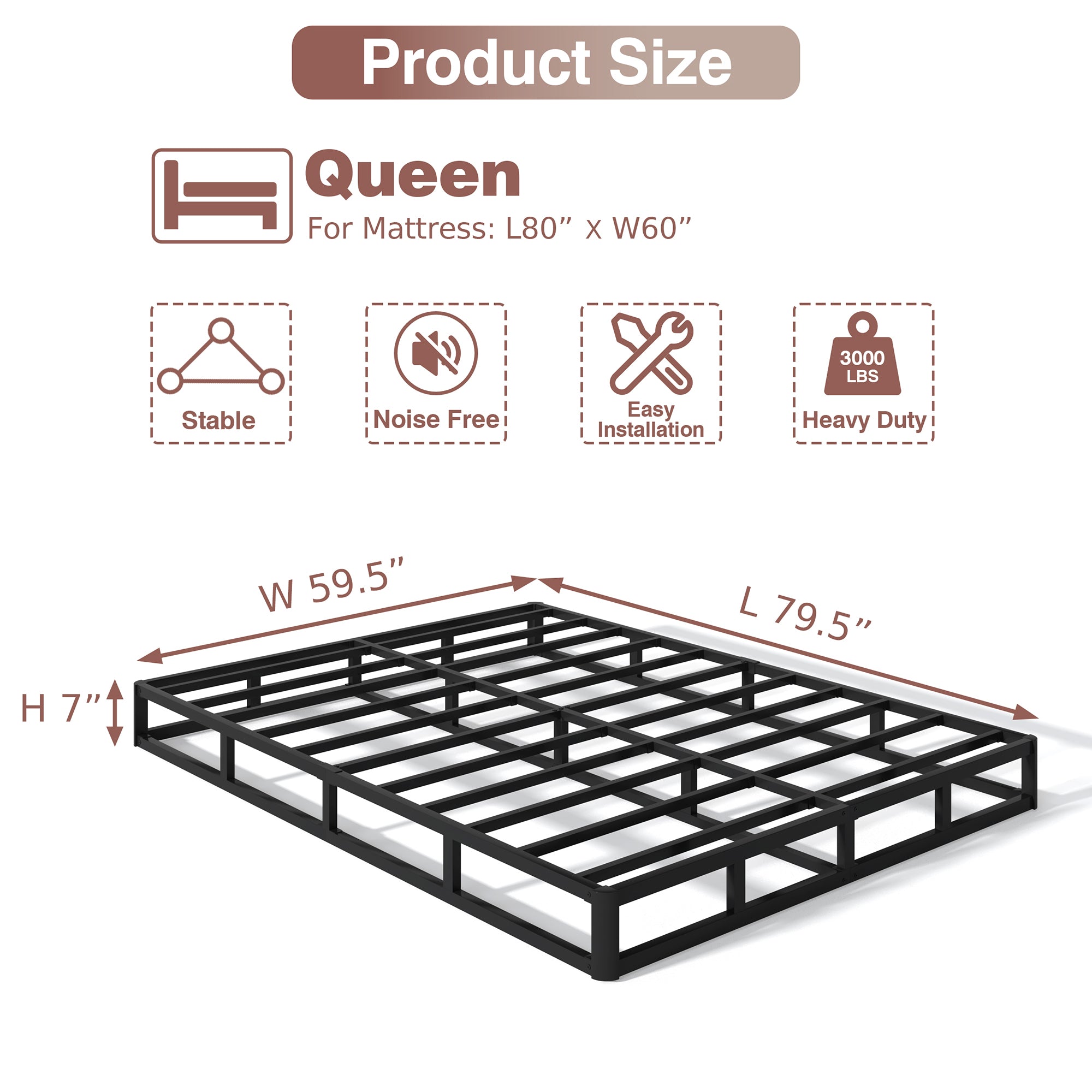 NULS 7 Inch Box Spring Queen Size Bed Base, Heavy Duty Metal Queen Mattress Foundation with Fabric Cover, Easy Assembly, Black