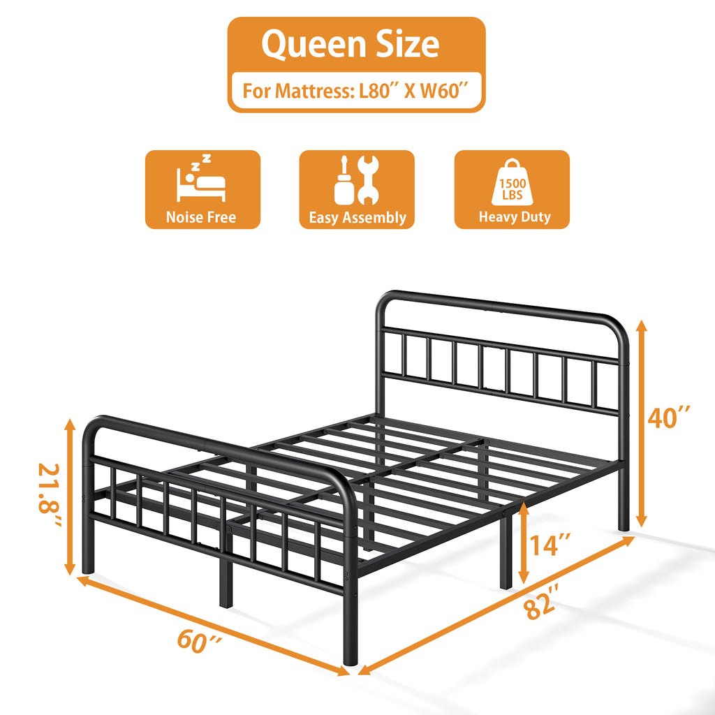 NULS Queen Size Platform Bed Frame with Metal Headboard, Easy Assembly, No Box Spring Needed, Black
