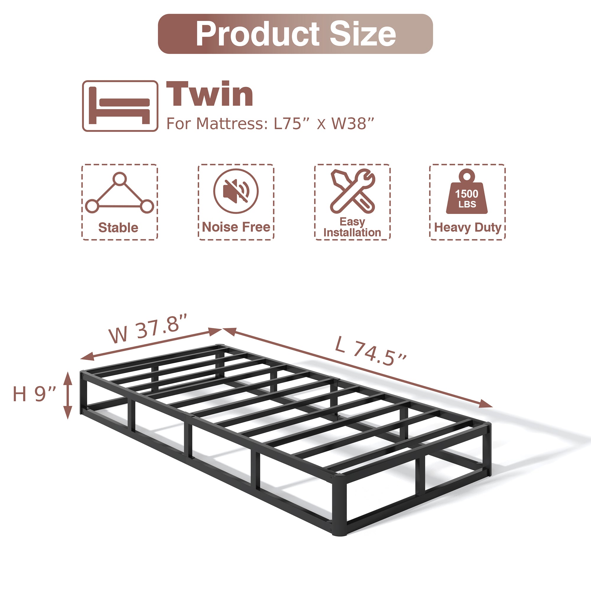 NULS Box Springs Twin 9 Inch, Heavy Duty Metal Frame Mattress Foundation with Easy Clean Cover, Noise Free, Easy Assembly