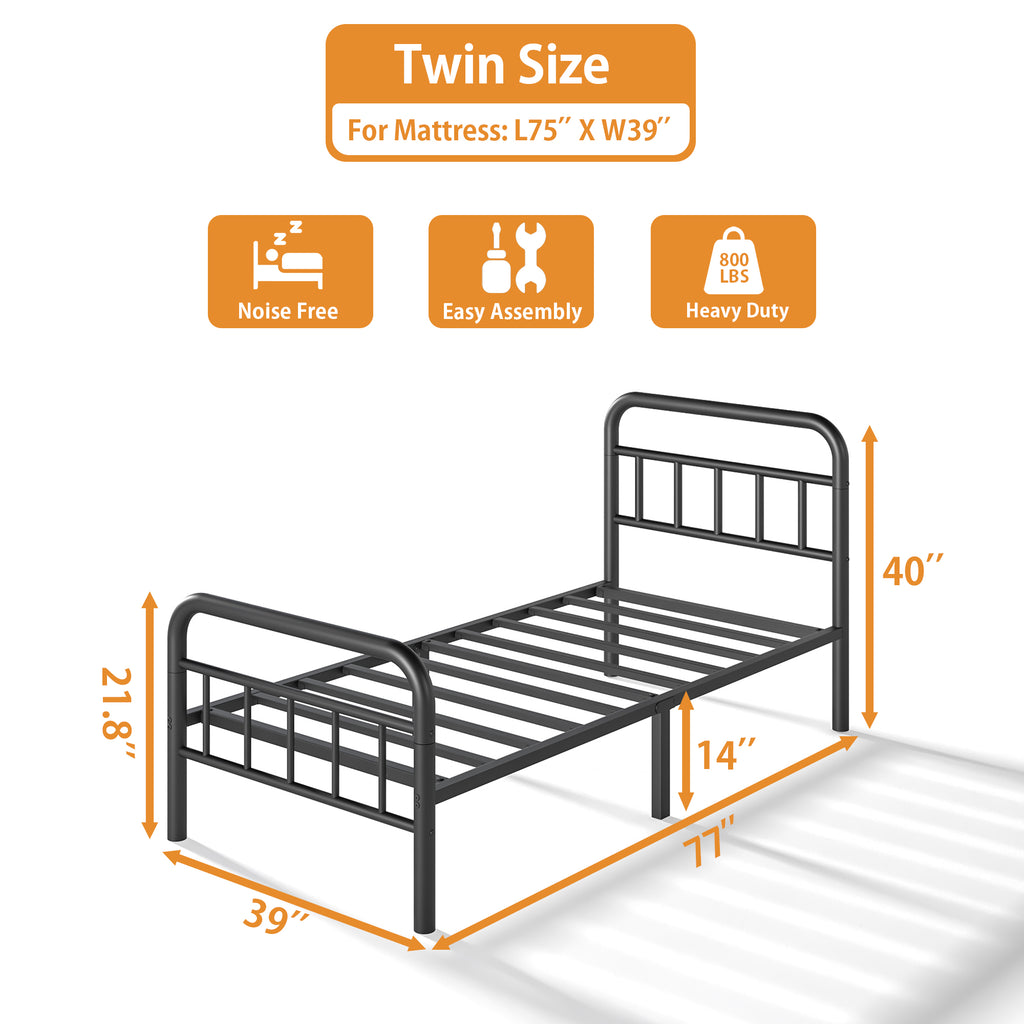 NULS Twin Size Platform Bed Frame with Metal Headboard, Easy Assembly, No Box Spring Needed, Black
